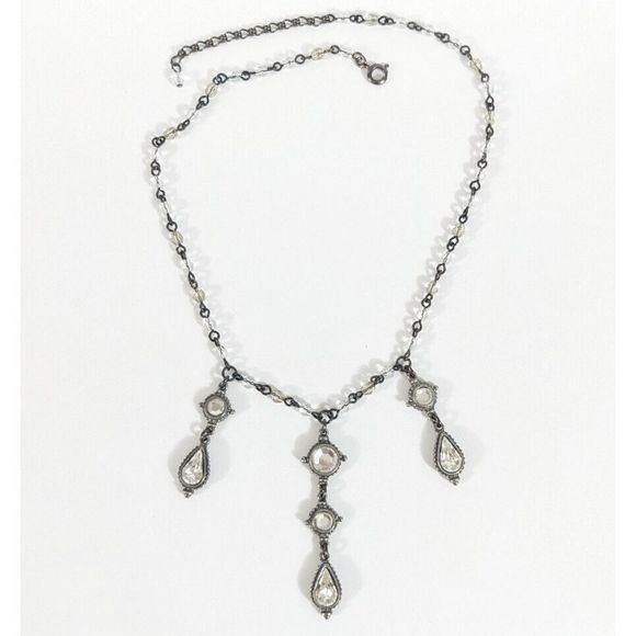 Ben Amun Crystal Dangle Necklace Silver Toned White Colorless Beads Rhinestones - Picture 1 of 12